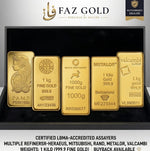 Fine gold bars 999.9 from LBMA brands in a Faz Gold presentation case. Photo for illustration