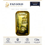 Metalor 100g cast gold bar 999.9 shown on a FAZ GOLD authorised dealer card with trust, buyback and delivery badges