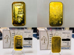 Four views of the Metalor 100g gold bar 999.9 alongside its Metalor assay certificate