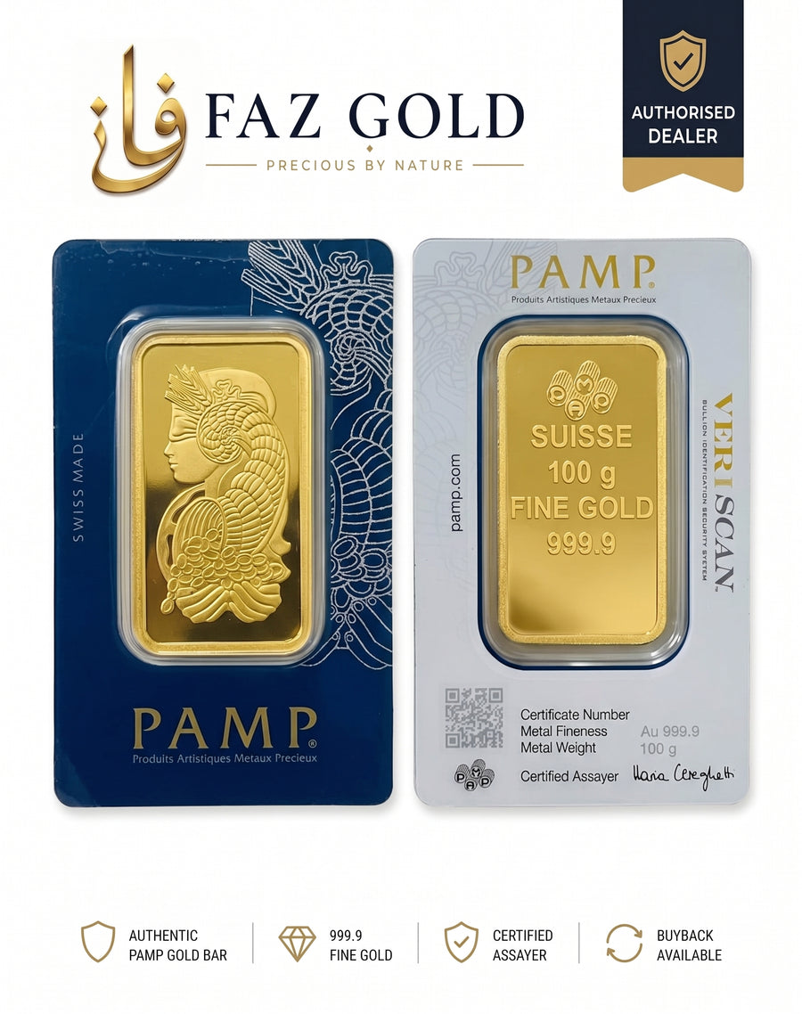 PAMP Suisse 100g gold bar 999.9 in its Veriscan assay card, front and back, on a FAZ GOLD authorised dealer card