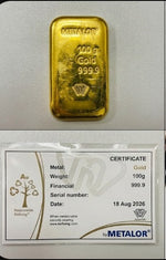 Metalor 100g gold bar 999.9 with its Metalor assay certificate listing metal, weight, fineness and serial number