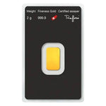 Argor-Heraeus 2g gold bar sealed in its assay card showing weight 2 g, fineness 999.9 and the certified assayer signature