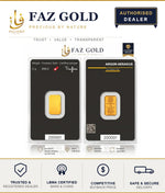 FAZ GOLD listing card for the Argor-Heraeus 2g gold bar, showing both faces of the sealed assay card