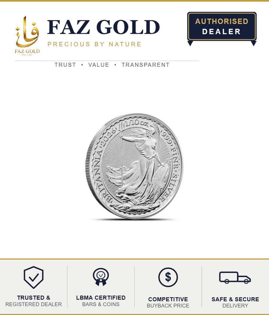 2026 1/10 oz Silver Britannia coin showing the standing Britannia reverse, on a FAZ GOLD authorised dealer card