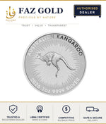 2026 1 oz Australian Kangaroo silver coin 9999, Perth Mint, shown on a FAZ GOLD authorised dealer card