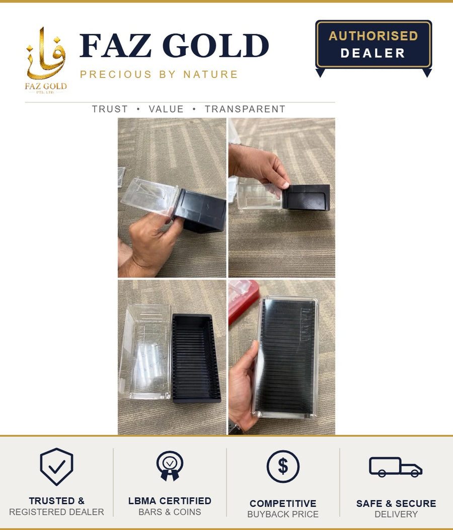 PAMP black storage and display box for CertiPAMP assay-card gold bars, shown from four angles on a FAZ GOLD card