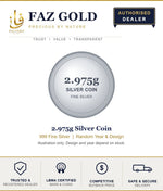 Faz Gold listing card for a 2.975g silver coin, random year and design