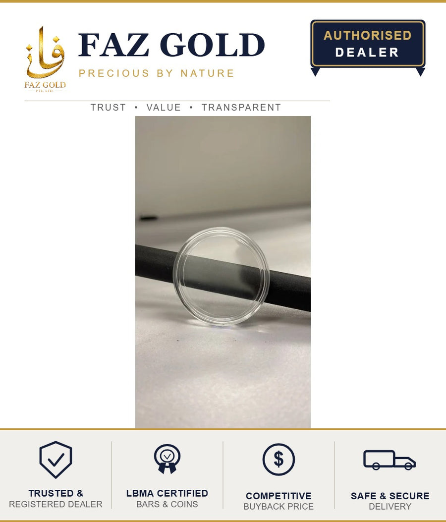 Clear acrylic capsule protector for 1 oz silver bullion coins, shown on a FAZ GOLD authorised dealer card