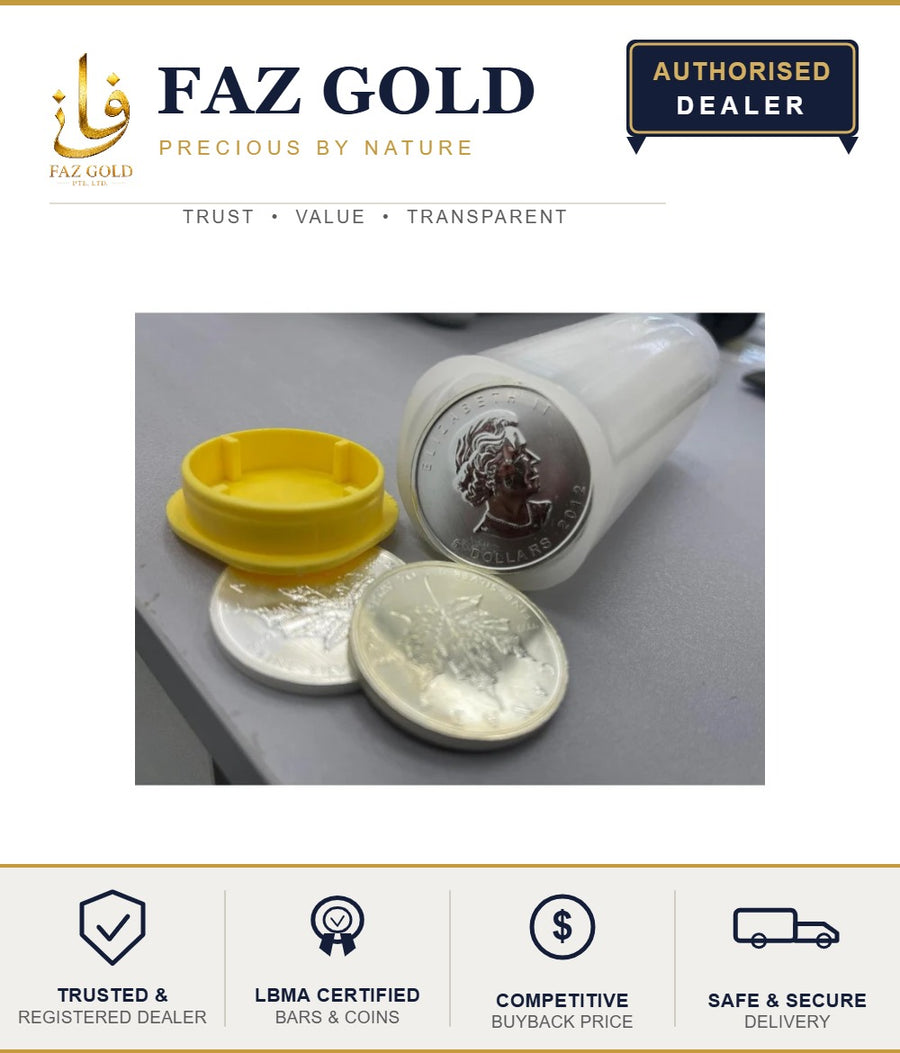 Silver bullion coin storage tube with yellow cap, shown open beside 1 oz silver coins, on a FAZ GOLD card