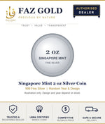 Faz Gold listing card for a Singapore Mint 2 oz silver coin, random year and design