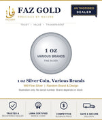 Faz Gold listing card for a 1 oz silver coin from various brands, no serial number