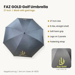 FAZ Gold 27 inch golf umbrella features: 8 ribs, straight shaft, soft foam grip, logo on 2 panels, fastening strap