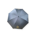 FAZ Gold 27 inch golf umbrella, black with gold logo, top view