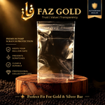Clear plastic scratch-protection sleeves for bullion bars, 57 x 88 mm, shown in FAZ GOLD packaging