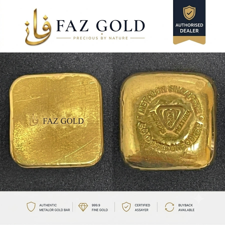 Metalor Suisse 1 oz cast gold bar 999.9, front and reverse, on a FAZ GOLD authorised dealer card
