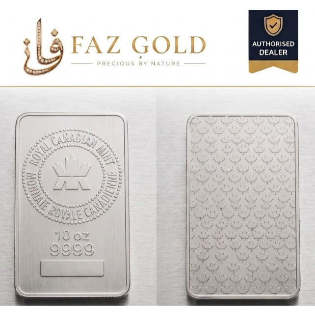 Royal Canadian Mint 10 oz silver bar 9999, front with the RCM seal and reverse with the maple leaf pattern, on a FAZ GOLD card