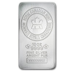 Front of the Royal Canadian Mint 10 oz bar stamped 9999 fine silver argent pur with the RCM maple leaf seal and serial number