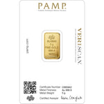 Certificate face of the PAMP Suisse 5 g fine gold 999.9 bar showing certificate number, fineness, weight and Veriscan