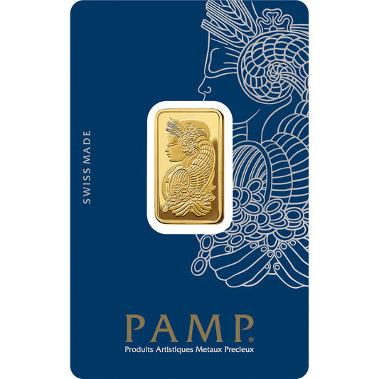 PAMP Suisse 10g gold bar with the Lady Fortuna design, Swiss Made, sealed in its blue assay card