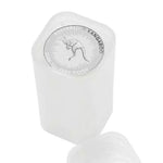 Australian Kangaroo silver coins in a translucent storage tube with the cap removed