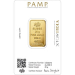 Certificate face of the PAMP Suisse 20 g fine gold 999.9 bar showing certificate number, fineness, weight and Veriscan