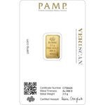 Certificate face of the PAMP Suisse 2.5 g fine gold 999.9 bar showing certificate number, fineness, weight and Veriscan