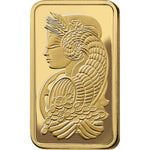 Close view of the PAMP Lady Fortuna relief on the face of the 1g gold bar