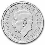 Obverse of the 1/10 oz Silver Britannia showing the Charles III portrait and 20 Pence denomination