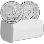 Britannia 2026 1/10 oz silver coins resting against their storage tube, both faces visible