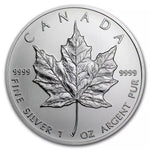 Full view of the Silver Maple Leaf reverse, 9999 fine silver 1 oz argent pur, with the embossed maple leaf