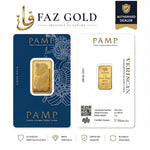 PAMP Suisse 5g gold bar 999.9 in its Veriscan assay card, Lady Fortuna face and certificate face, on a FAZ GOLD card