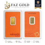 Valcambi Suisse 2.5g gold bar 999.9 sealed in its orange assay card, front and back, on a FAZ GOLD card