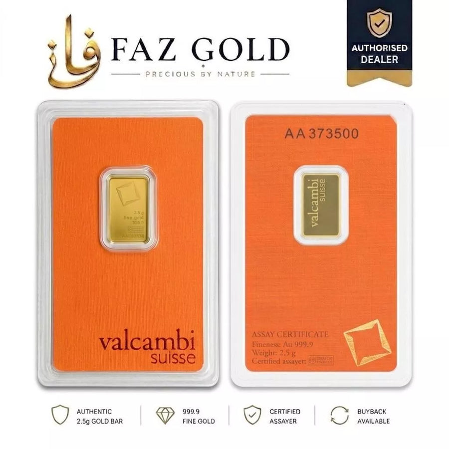 Valcambi Suisse 2.5g gold bar 999.9 sealed in its orange assay card, front and back, on a FAZ GOLD card