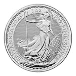 Reverse of the 2025 1 oz Silver Britannia, 999 fine silver, showing Britannia with trident and Union flag shield