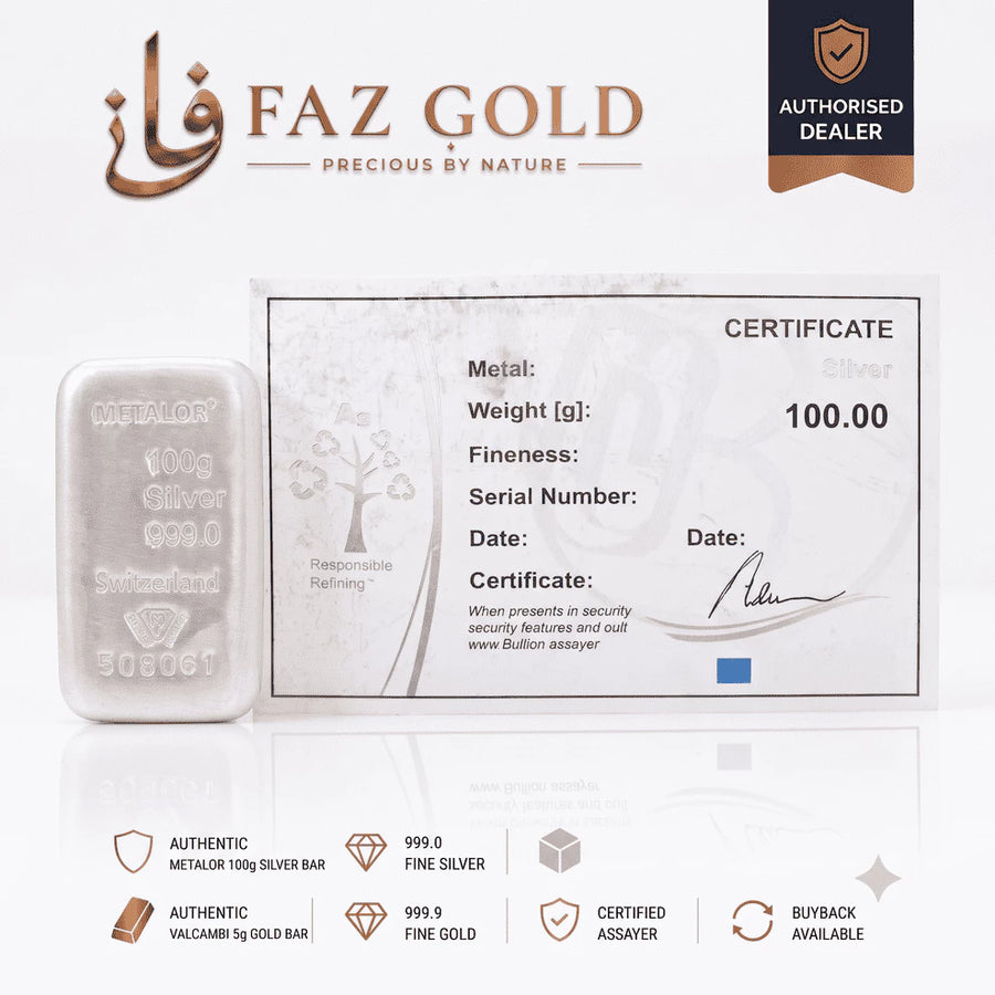 Metalor 100g silver bar with its assay certificate showing metal, weight and serial number, on a FAZ GOLD card