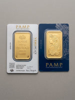 Both sides of the PAMP Suisse 100g gold bar in its sealed Veriscan assay card, certificate face and Lady Fortuna face