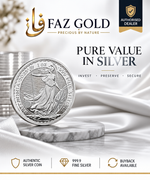 2025 1 oz Silver Britannia, 999 fine silver, on a FAZ GOLD authorised dealer card
