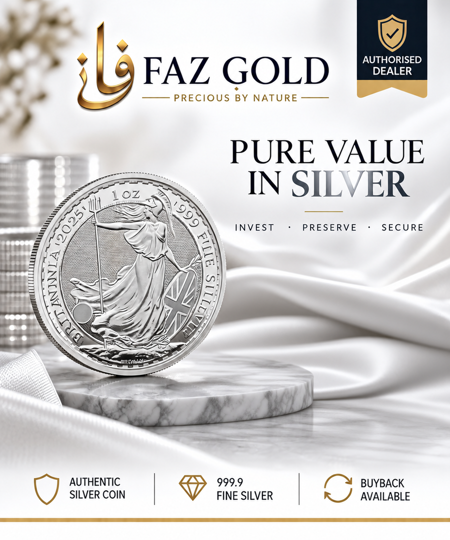 2025 1 oz Silver Britannia, 999 fine silver, on a FAZ GOLD authorised dealer card