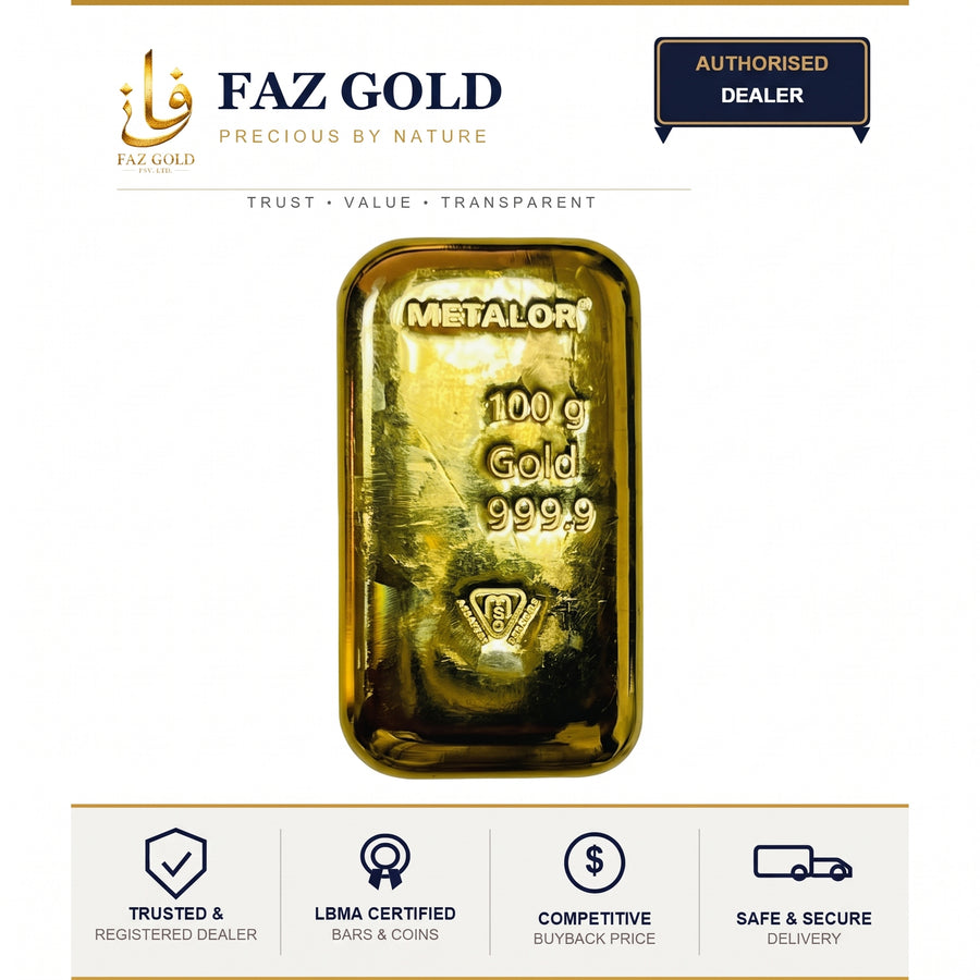 Metalor 100g cast gold bar 999.9 shown on a FAZ GOLD authorised dealer card with trust, buyback and delivery badges