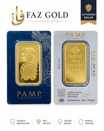 PAMP Suisse 100g gold bar 999.9 in its Veriscan assay card, front and back, on a FAZ GOLD authorised dealer card