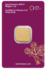 Heraeus 1 oz gold bar assay card showing 999.9 fineness, 1 oz weight and LBMA certification by Heraeus Hong Kong