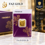 Heraeus 1 oz gold bar 999.9 sealed in its magenta assay card, on a FAZ GOLD authorised dealer display card