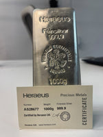1kg Silver Bar 999.9 Fine Silver | Heraeus | LBMA Brand