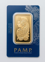 PAMP Suisse 100g gold bar with the Lady Fortuna motif, Swiss Made and Veriscan marks on the blue assay card
