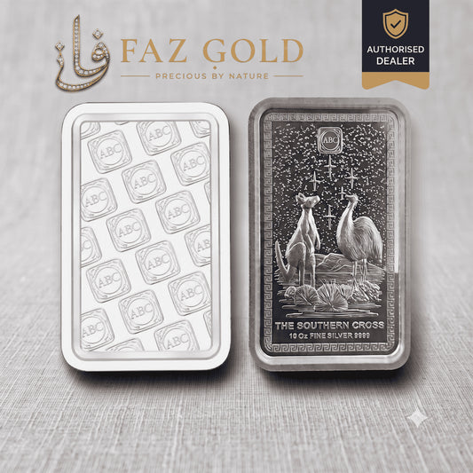 ABC Refinery 10 oz Southern Cross silver bar 999.9, front and reverse, on a FAZ GOLD authorised dealer card