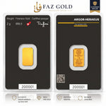 Argor-Heraeus 2g gold bar 999.9 in its sealed assay card, front and back, on a FAZ GOLD authorised dealer card