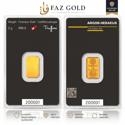 Argor-Heraeus 2g gold bar 999.9 in its sealed assay card, front and back, on a FAZ GOLD authorised dealer card