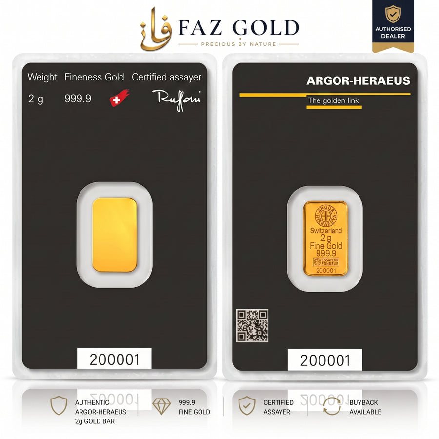 Argor-Heraeus 2g gold bar 999.9 in its sealed assay card, front and back, on a FAZ GOLD authorised dealer card