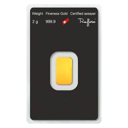 Argor-Heraeus 2g gold bar sealed in its assay card showing weight 2 g, fineness 999.9 and the certified assayer signature