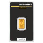 Reverse of the Argor-Heraeus 2g gold bar card with the Argor-Heraeus name and serial number